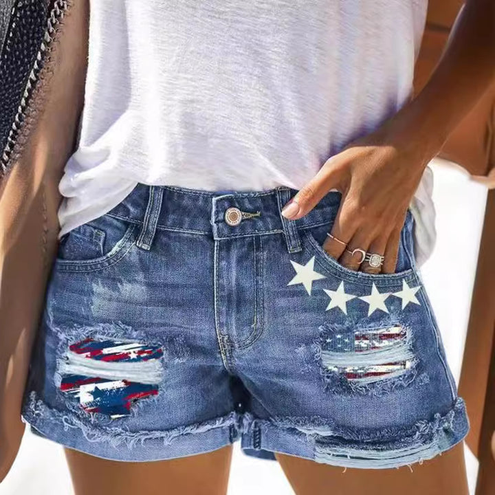 Ladies Fashion Destroyed Denim Shorts with Creative Patches Lisslune