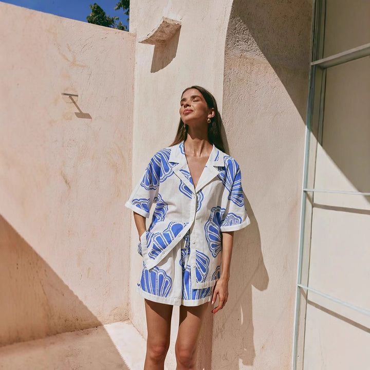 Women's Summer Short Sleeve Set with Maritime Shell Design and Loose Fit