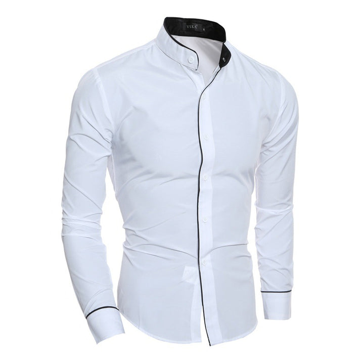 Men's Long-Sleeve Shirt with Modern Stand Collar and Contrasting Details Lisslune