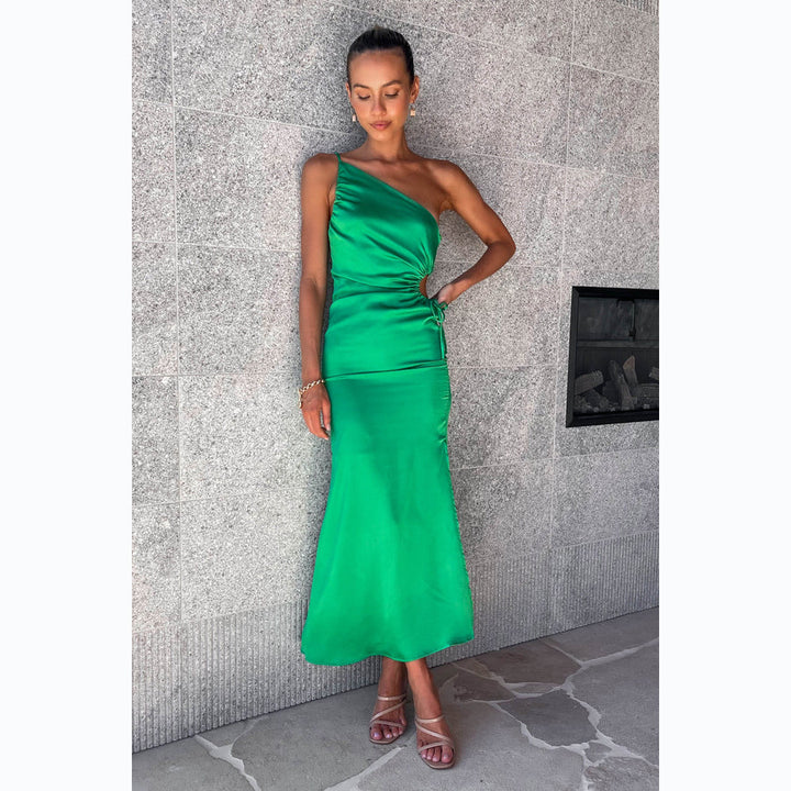 Women's Elegant Draped Maxi Dress with Asymmetrical Cut and High Slit Lune London