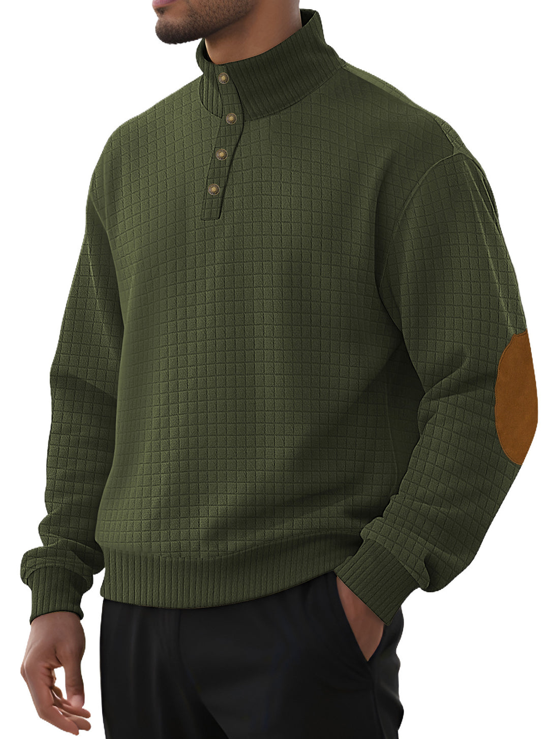 Men's fashionable stand-up collar sweater with textured design and leather applications Lisslune
