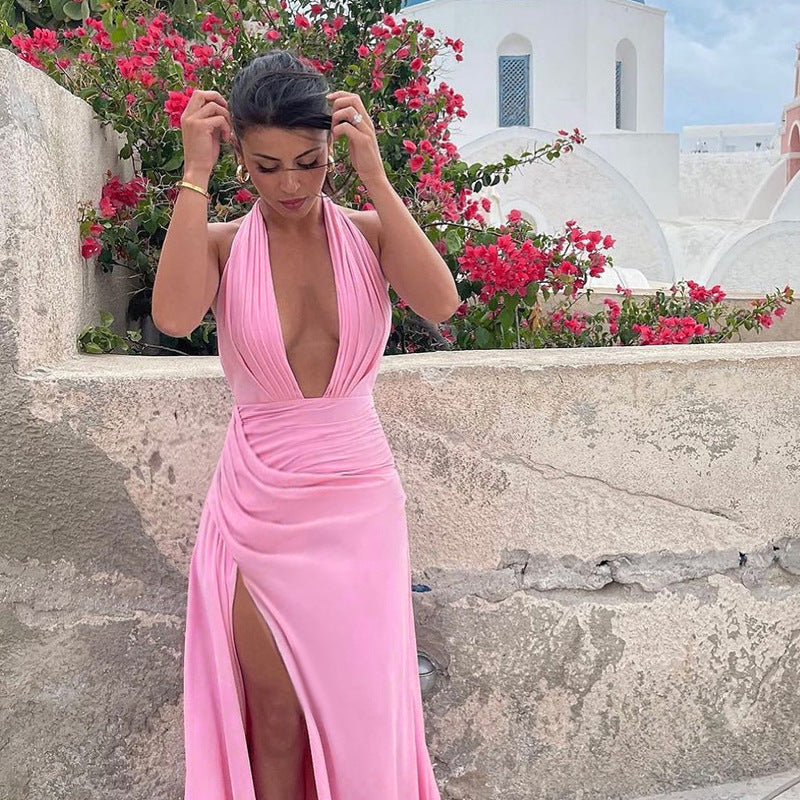 Women's Elegant Maxi Dress with Deep V-Neck and High Slit