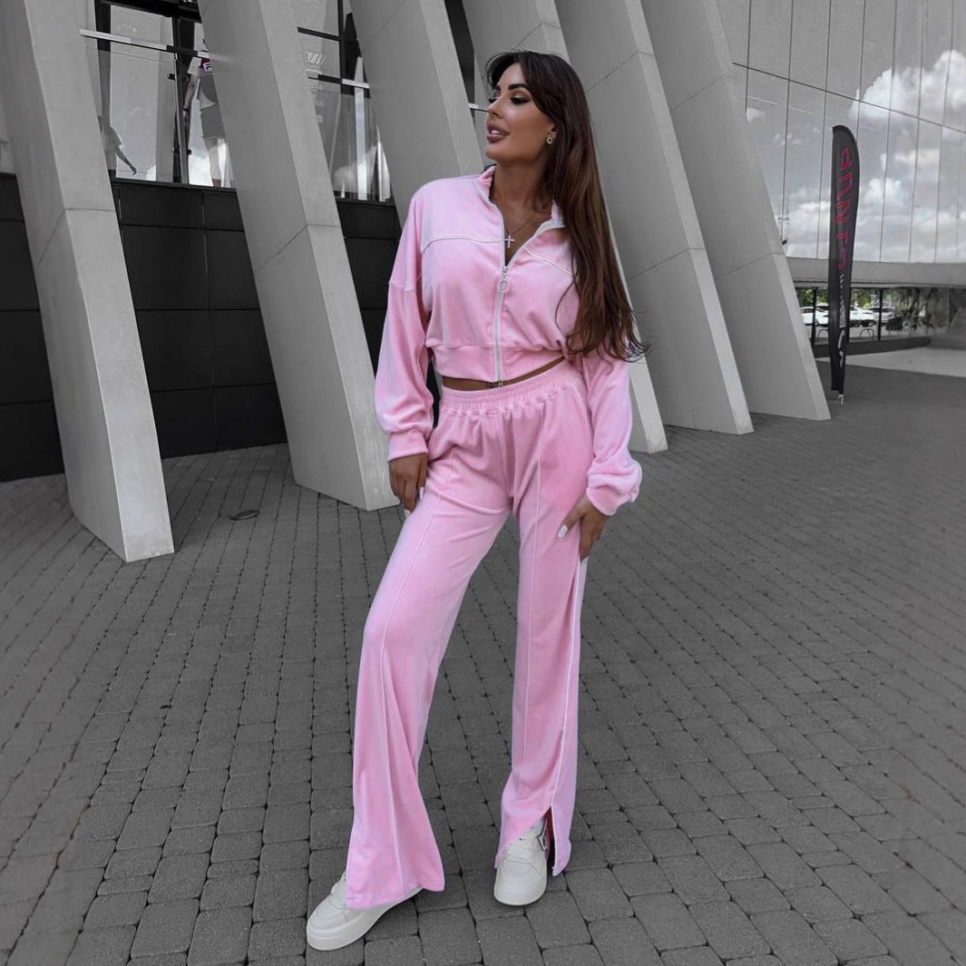 Women Sporty Fleece Loungewear Set with Short Jacket and Comfortable Pants Lisslune