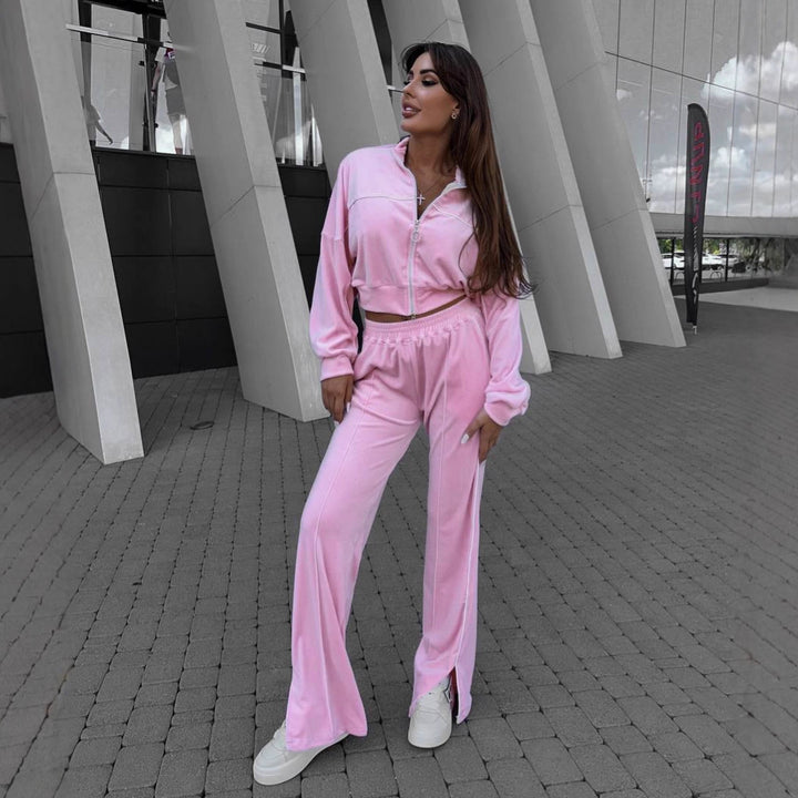 Women Sporty Fleece Loungewear Set with Short Jacket and Comfortable Pants Lisslune