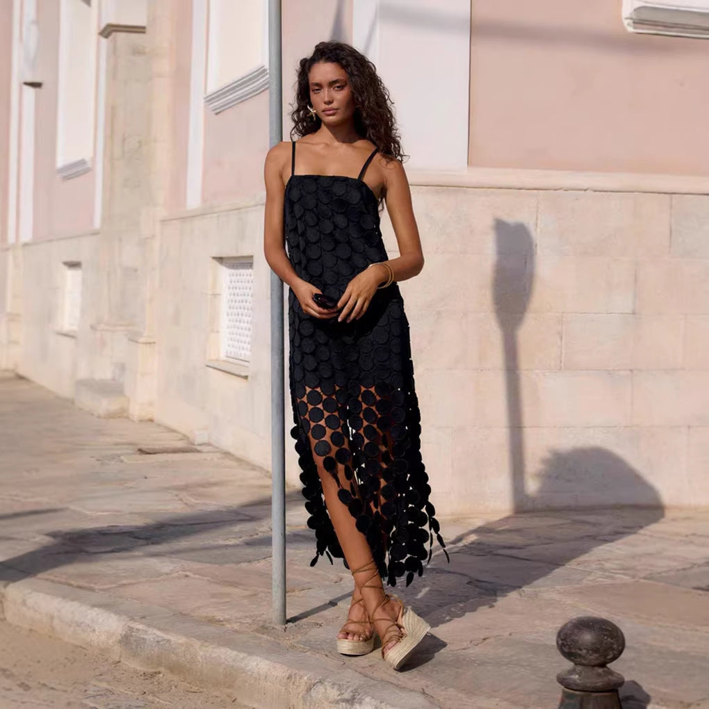 Women's maxi dress with decorative crochet applications and side slits Lisslune