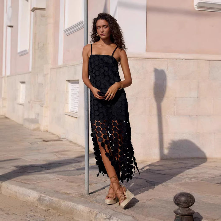 Women's maxi dress with decorative crochet applications and side slits Lisslune