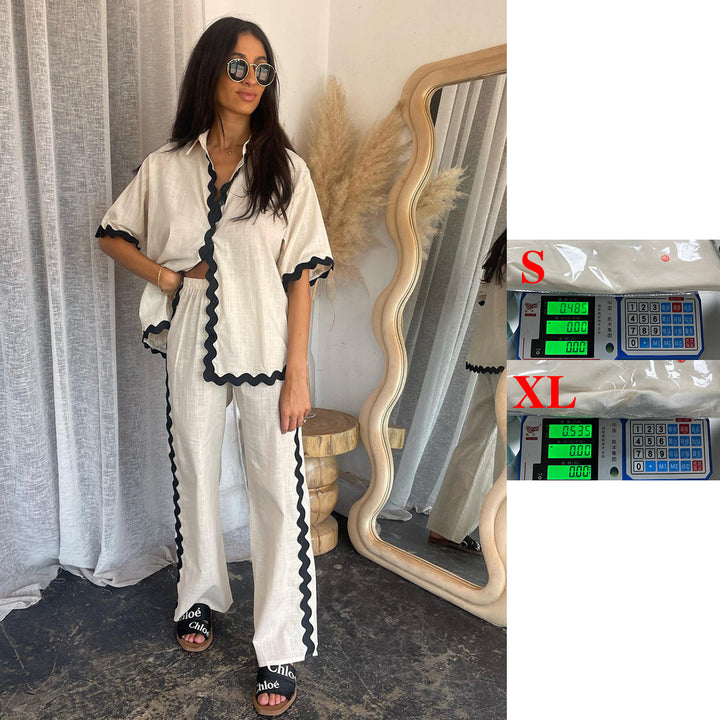 Women's two-piece set with fresh linen fabric and decorative wavy hem