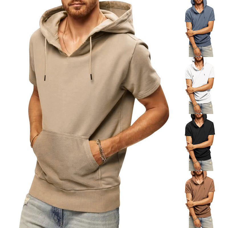 Men's Short Sleeve Hoodie with Practical Kangaroo Pocket Lisslune