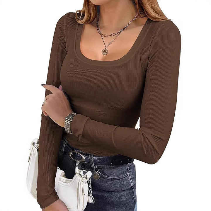 Women’s Long Sleeve Basic Top with Deep Round Neckline and Ribbed Structure Lisslune