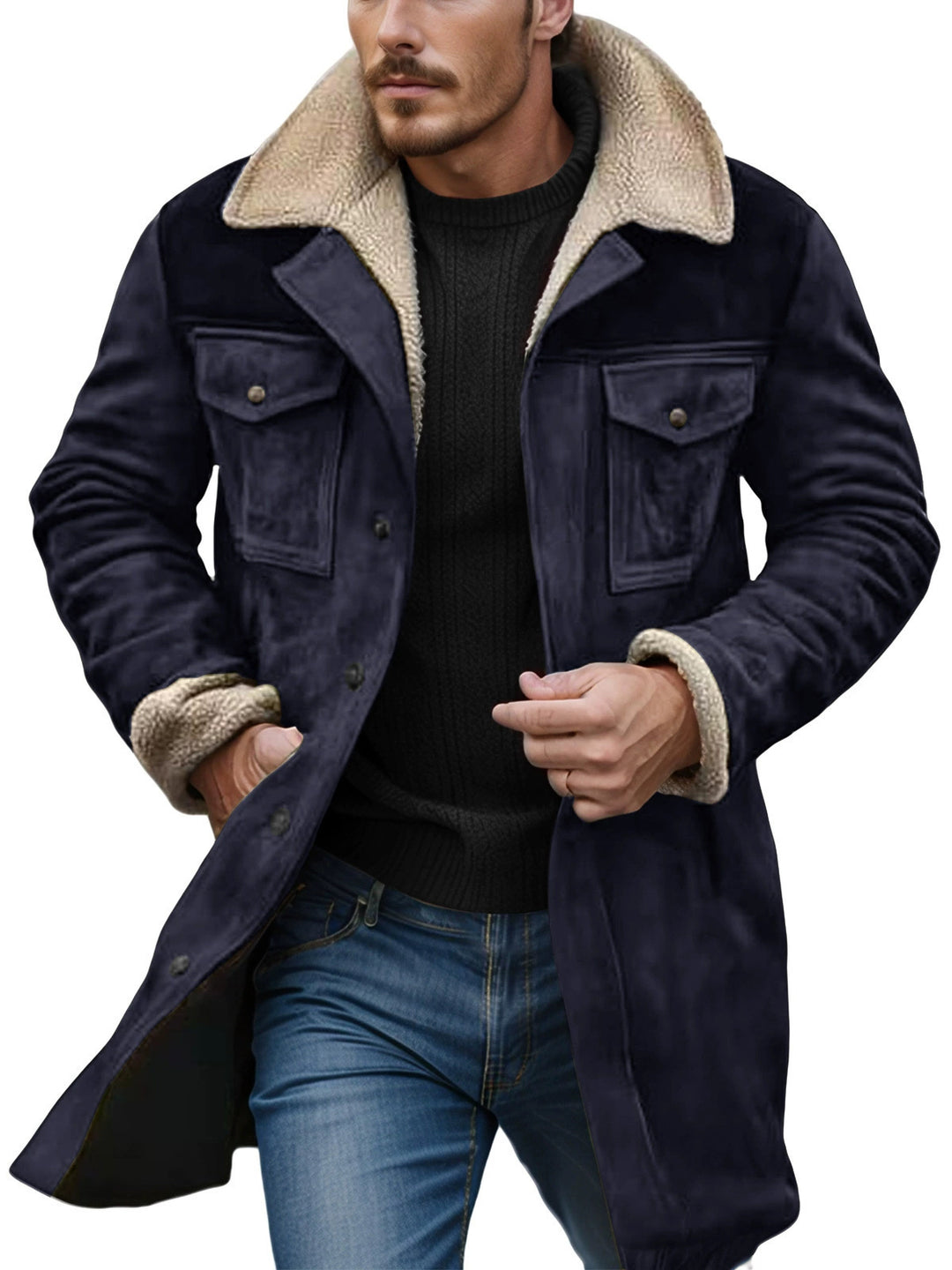 Men's suede long coat with teddy lining and practical pockets Lisslune
