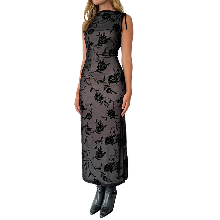 Women’s maxi dress with floral lace detailing and figure-hugging silhouette