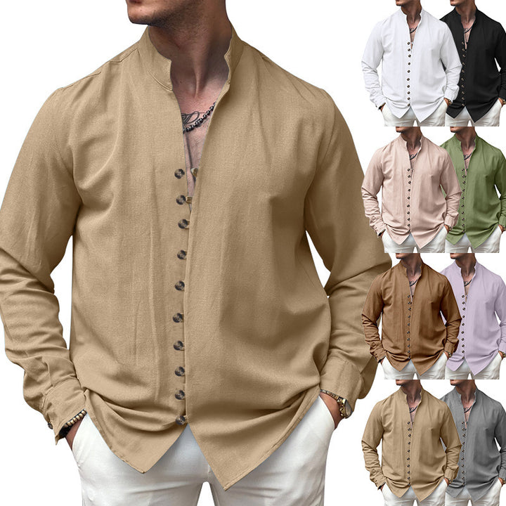 Men's long sleeve shirt with stand-up collar and stylish button details Lisslune