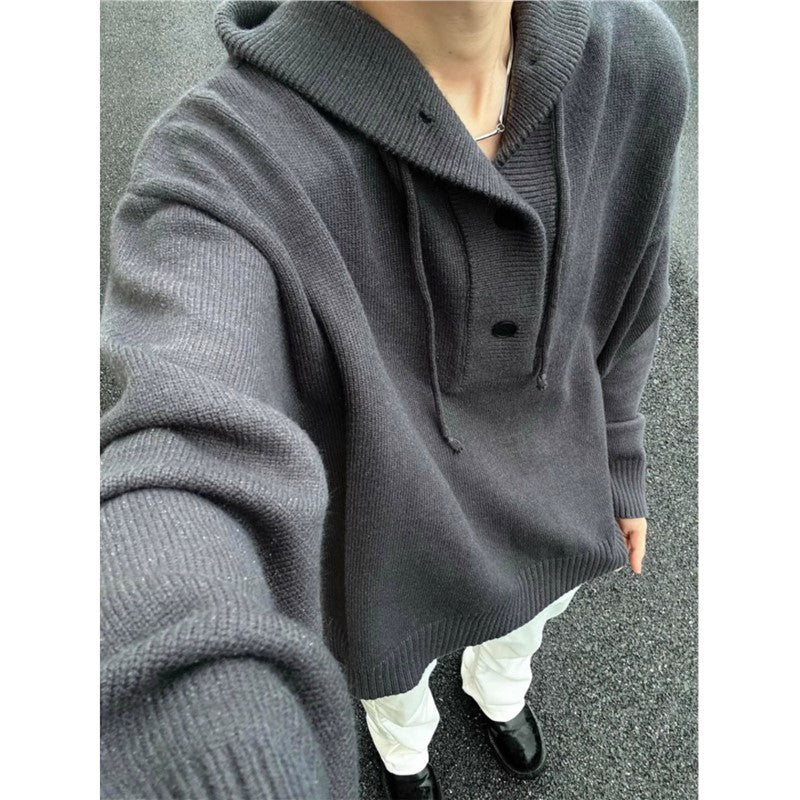 Men's casual hooded sweater with button placket and thicker knit structure Lisslune