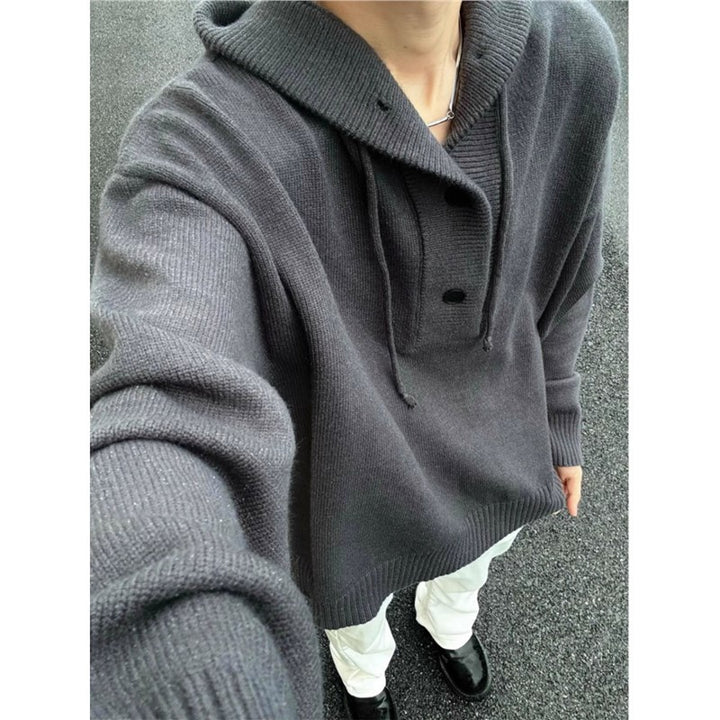 Men's casual hooded sweater with button placket and thicker knit structure Lisslune