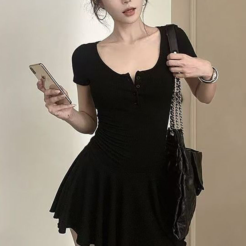 Women's casual dress with stylish ruffle hem and button detail