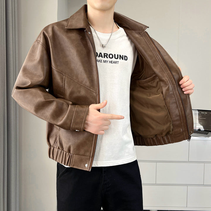 Men's casual synthetic leather jacket with modern cut and practical pockets Lisslune