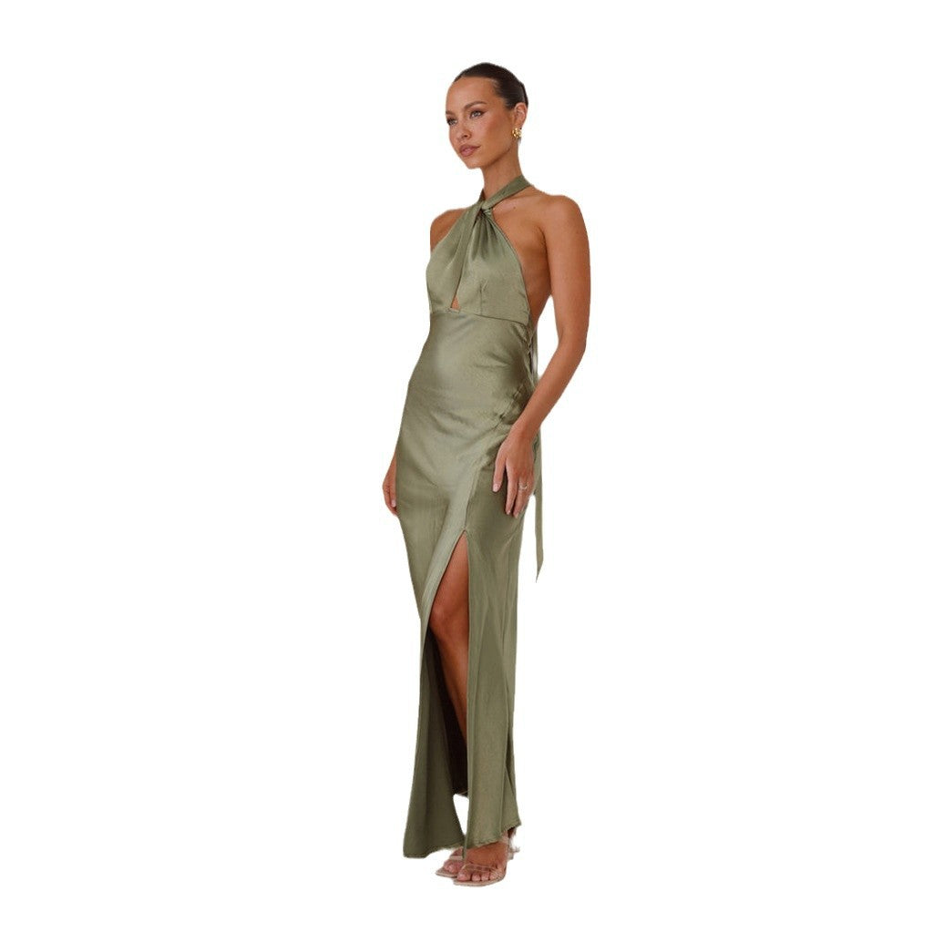Women's Elegant Wrap Maxi Dress in Halterneck Style with Side Slit and Waist Belt