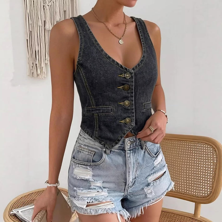 Women's Denim Bustier Top with Button Details and Extended Silhouette Lisslune