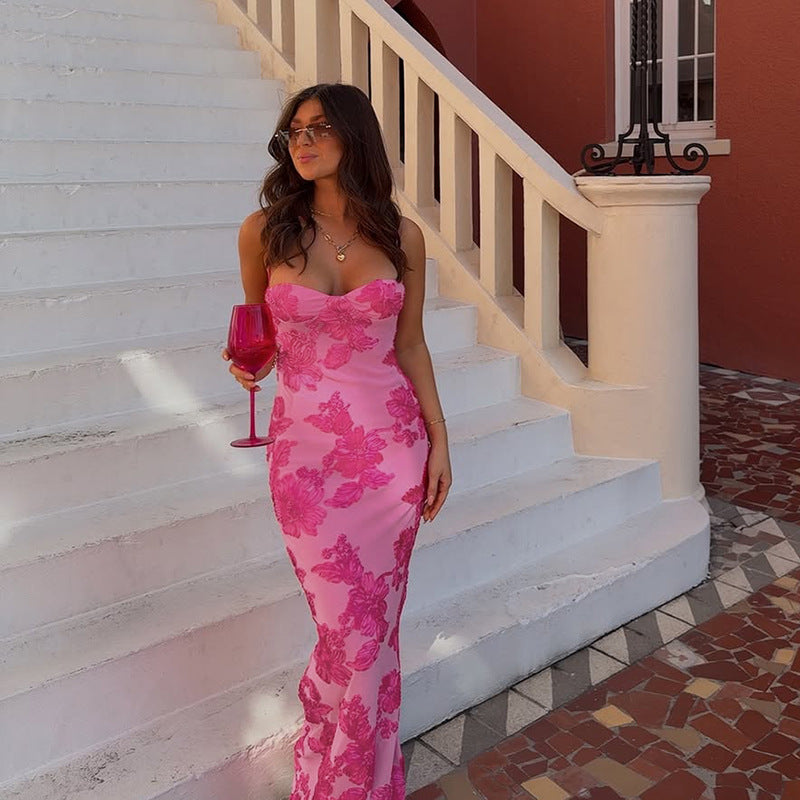 Women’s maxi dress with floral lace accents and elegant cut
