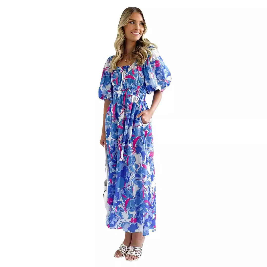 Women's Off-Shoulder Maxi Dress with Floral Patterns and Elastic Waist Lisslune