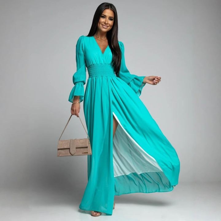 Women's maxi dress with deep V-neckline and voluminous sleeves Lune London