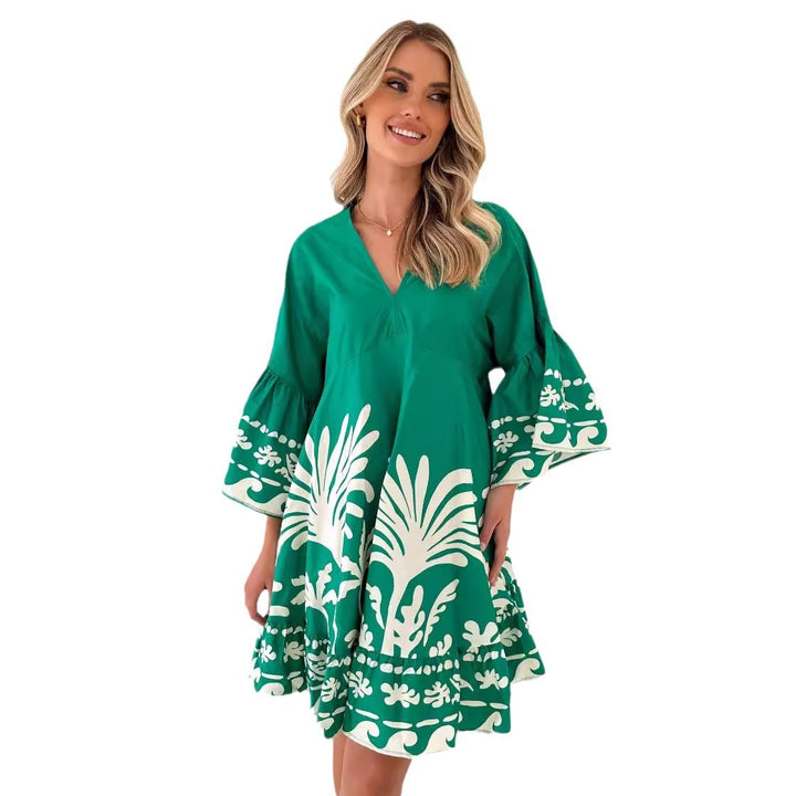 Women's casual dress with voluminous sleeves and structured ruffle details
