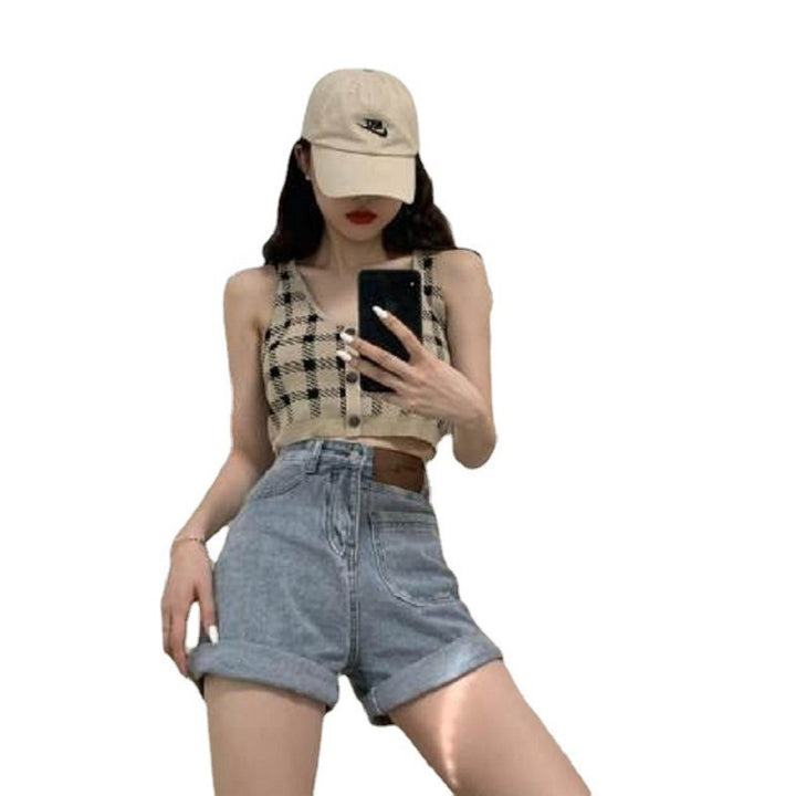 Women's Cropped Top with Check Pattern and Button Detail Lisslune