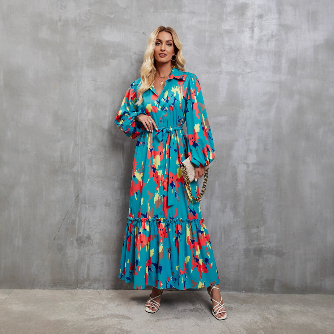Women's maxi dress with colorful floral design and elegant waist belt