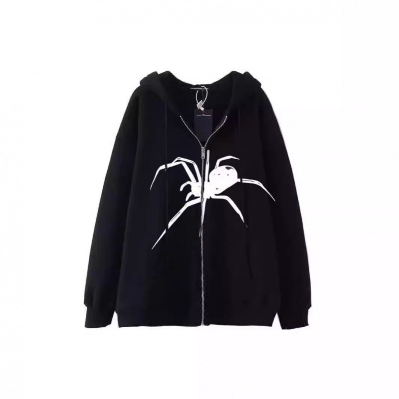 Women's hooded jacket with creative spider motif and practical zipper Lisslune