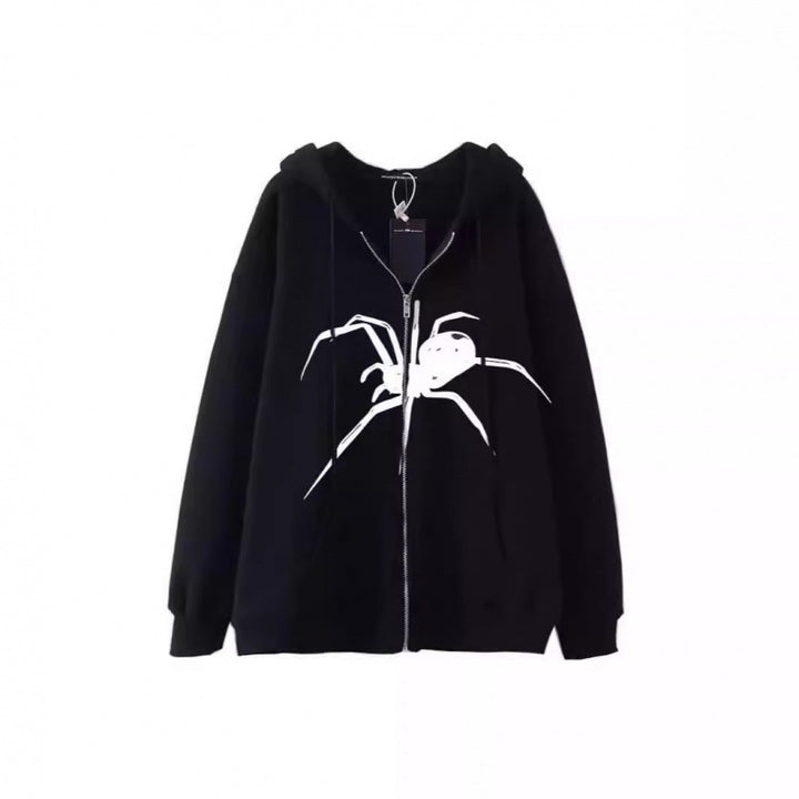 Women's hooded jacket with creative spider motif and practical zipper Lisslune
