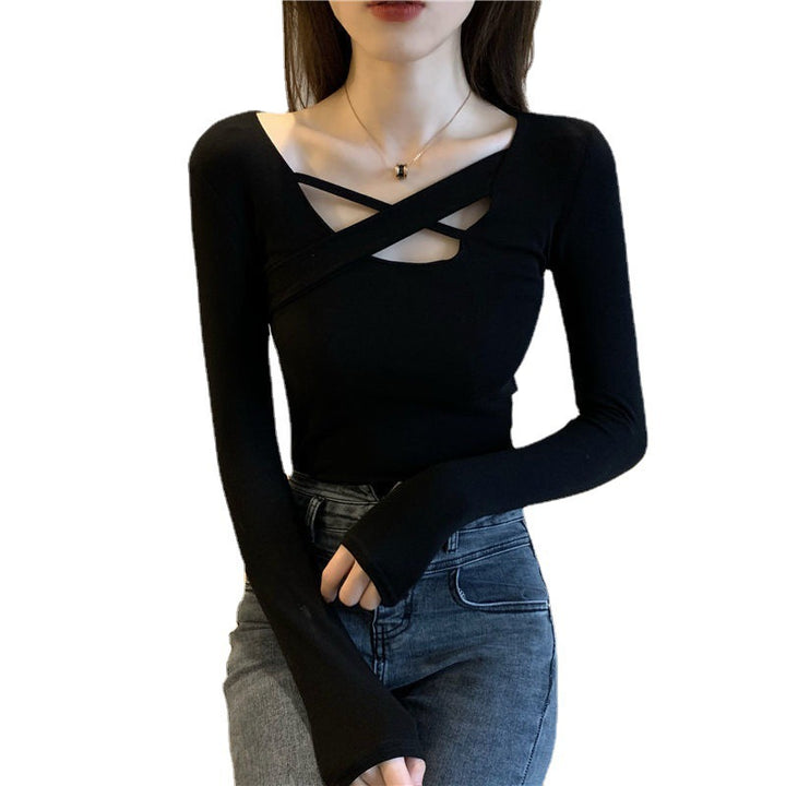 Women's Long Sleeve Bodysuit with Modern Cross Design in the Neckline