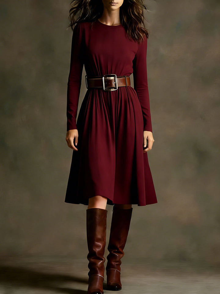 Women Elegant Dress with Long Sleeve and Waist Belt Lisslune