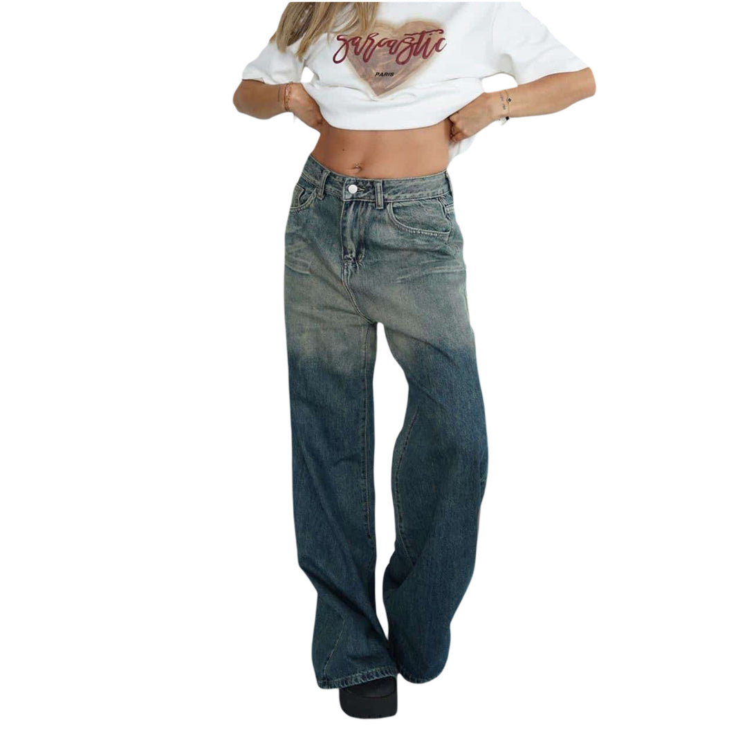 Women's loose high-waist jeans with trendy gradient and wide leg Lisslune