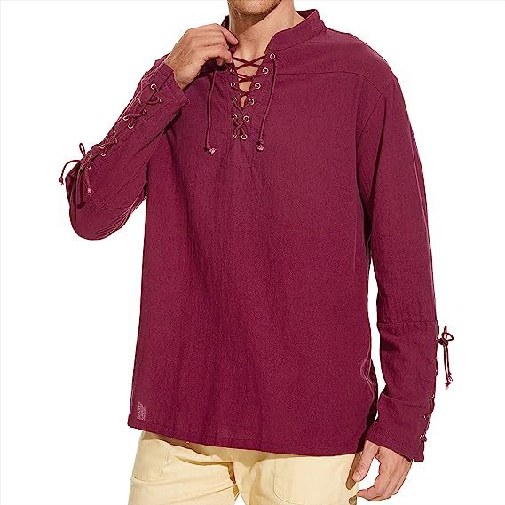 Men's Long Sleeve Linen Shirt with Modern Lace-Up Design Lisslune