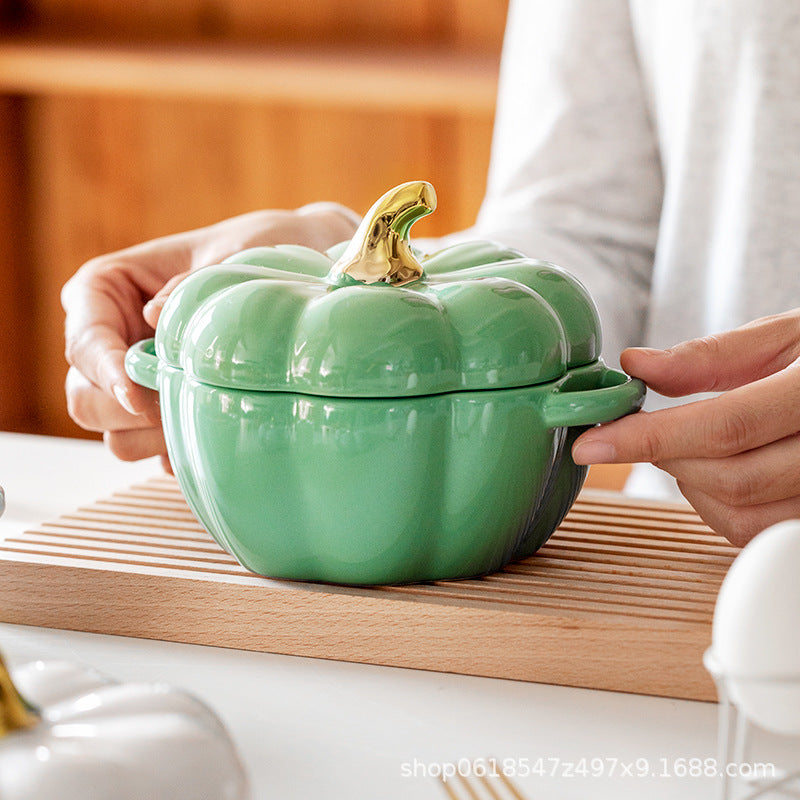 Rynx | Autumn decoration ceramic bowl with lid stew bowl pumpkin bowl household kitchen kids soup bowl steamed egg salad bowl dish rice bowl logo