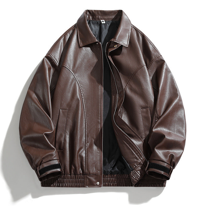 Men's Synthetic Leather Jacket with Elastic Waistband and Practical Side Pockets Lisslune