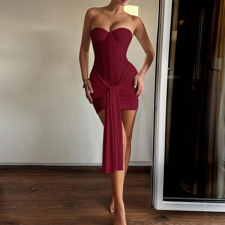 Ladies elegant corset dress with deep heart neckline and side straps Lune London