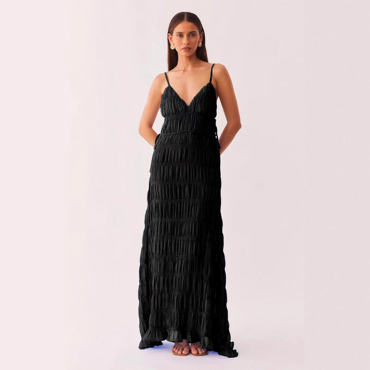 Women’s maxi dress with sophisticated ruffle design and deep V-neck