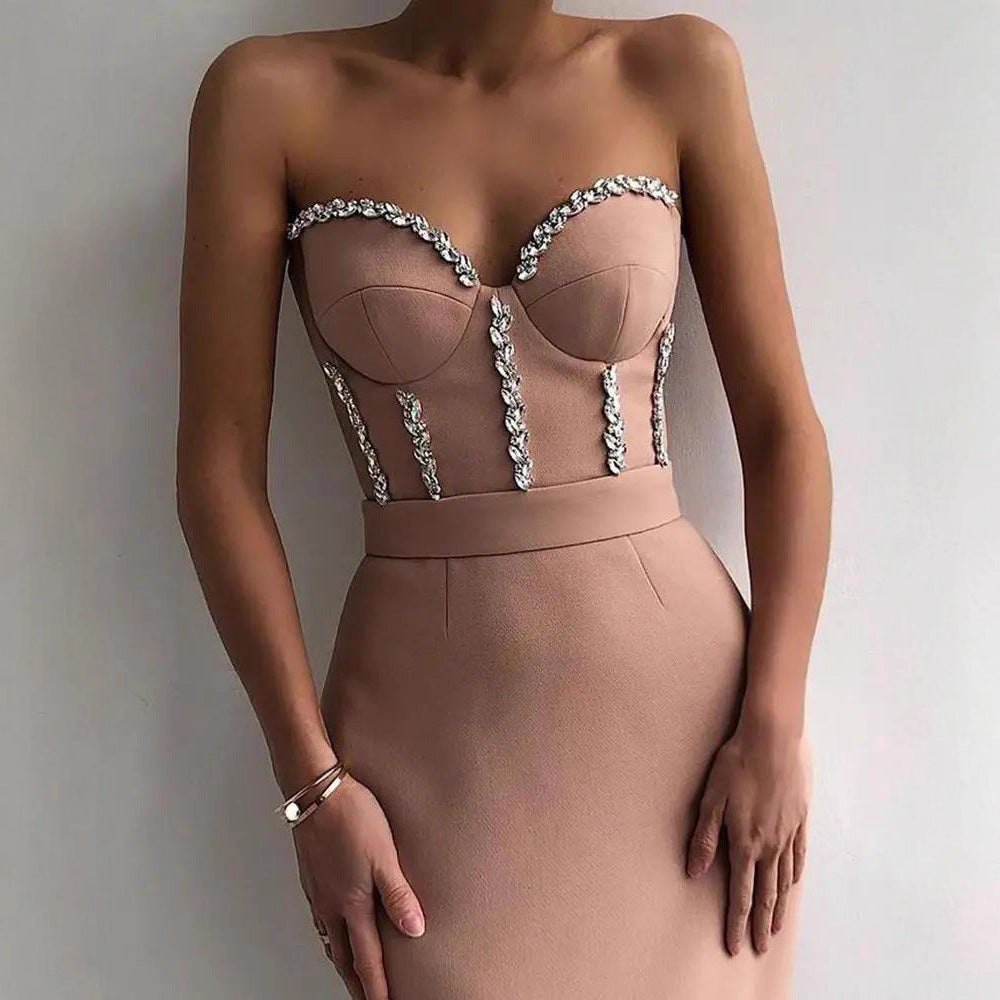 Women's figure-hugging evening dress with elegant bustier look and shimmering appliqués