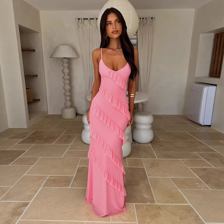 Women's maxi dress with elegant ruffle design and adjustable straps Lisslune