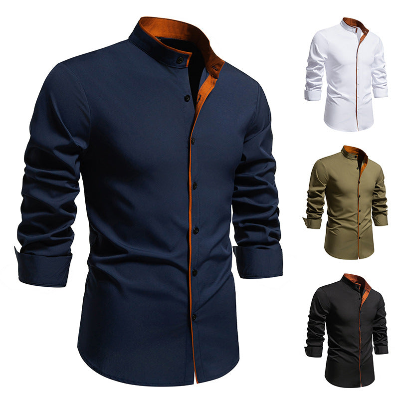 Men's long sleeve shirt with modern stand-up collar and embroidered detail Lisslune