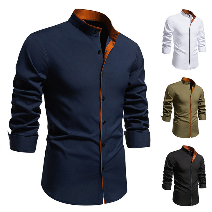 Men's long sleeve shirt with modern stand-up collar and embroidered detail Lisslune