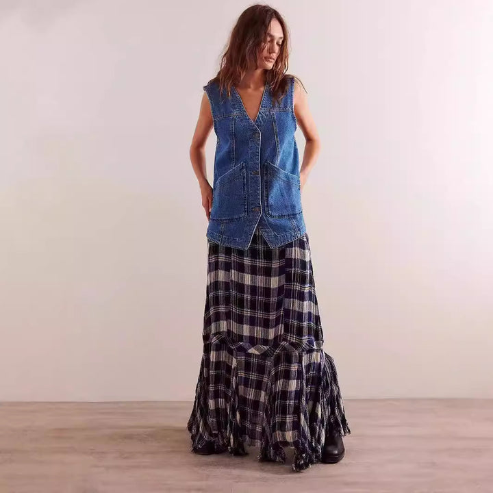 Women's denim overalls jacket with practical pockets and stylish V-neck Lisslune