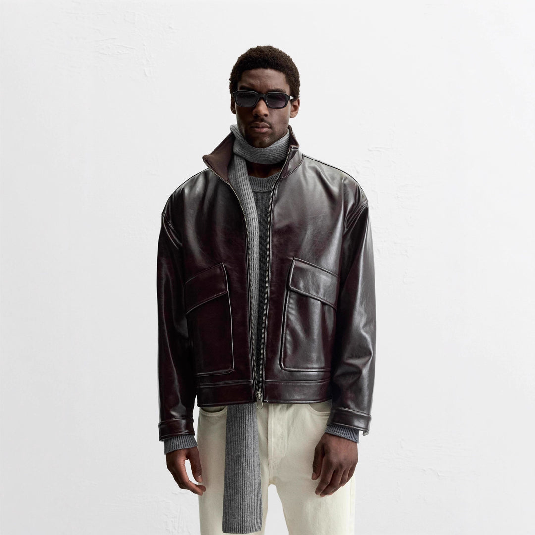 Men's biker jacket made of premium synthetic leather with practical flap pockets Lisslune