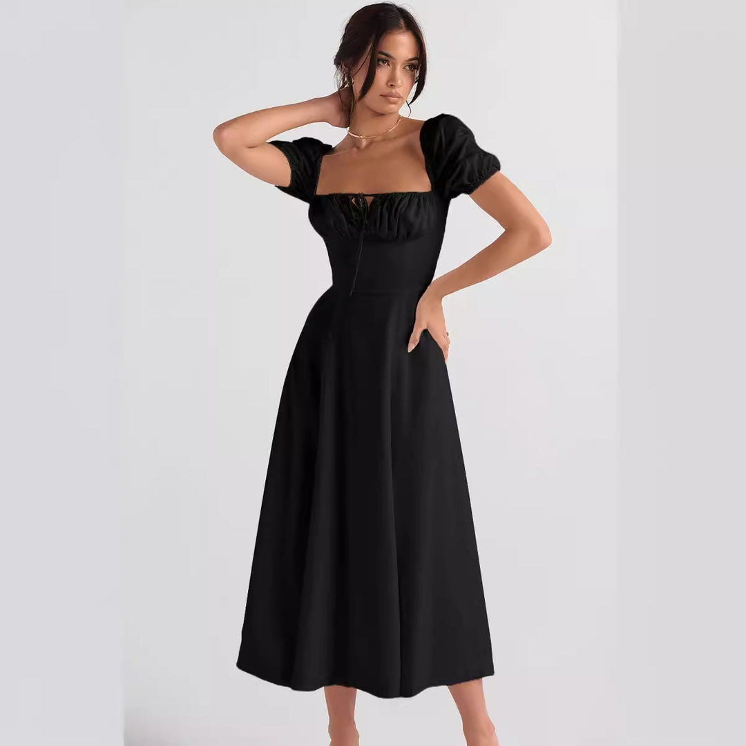 Women's midi dress with gathered bodice and flared skirt