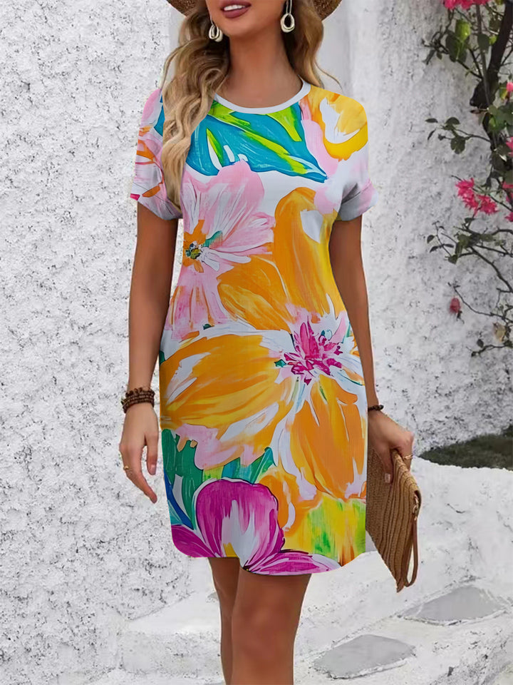 Women's casual T-shirt dress with colorful floral pattern and comfortable fit Lisslune