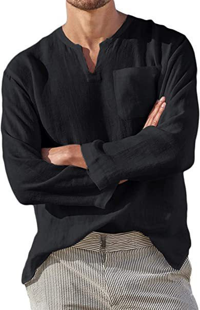 Men's linen shirt with casual V-neck and practical chest pocket Lisslune