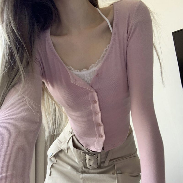 Women's Cropped Long Sleeve Shirt with Playful Button Placket Design and Refined Strap Details