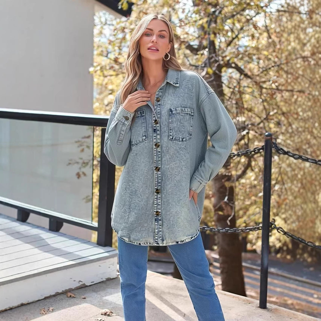 Women's Oversized Denim Shirt with Patch Pockets Lisslune