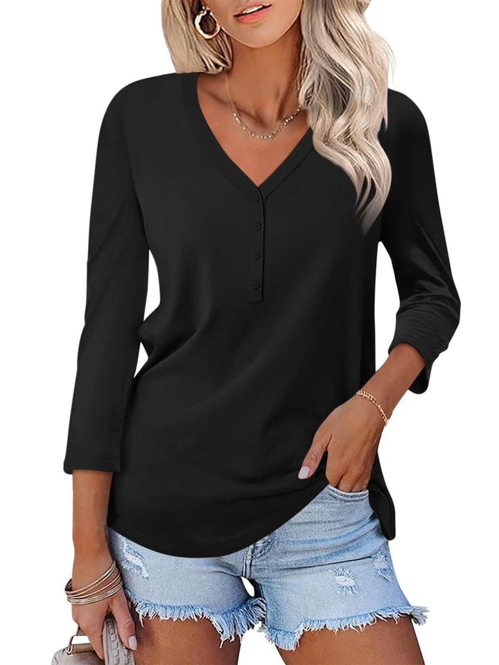 Women Long Sleeve Shirt with Button Placket and V-Neck Lisslune